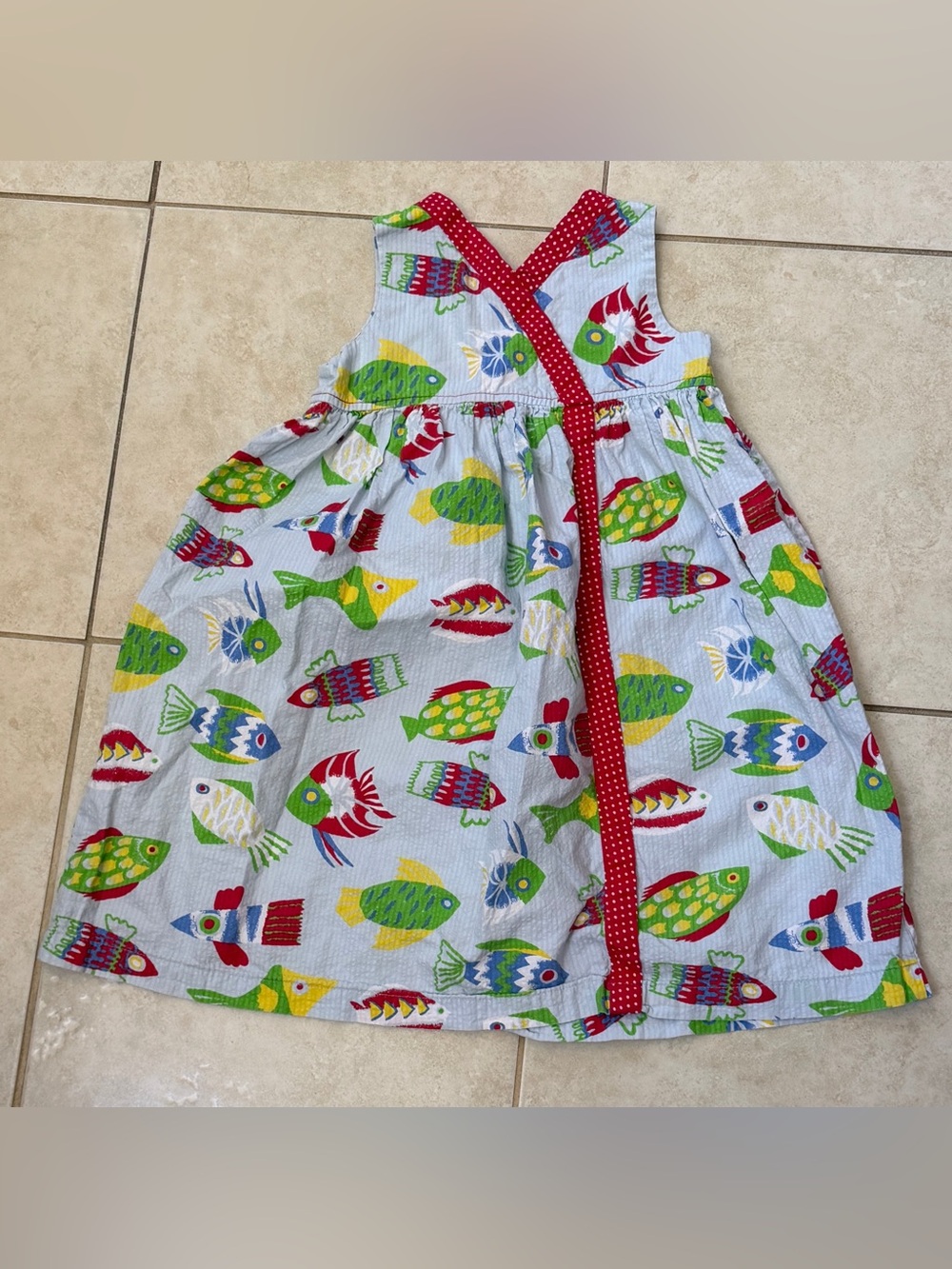 Patsy Aiken Girls Seersucker Fish Sundress with Red Polka Trim